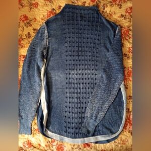 Curio Acid Wash Distressed Blue Knit Mock Thermal Sweater with Textured Design